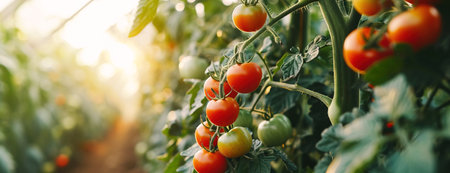 Close up of organic tomatoes growing in plant in orchard harvest areaの素材