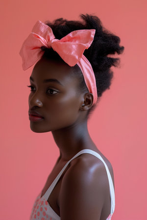 African American young woman portrait wearing coquette pink outfit. Fashion trend 2024. Vertical imageの素材