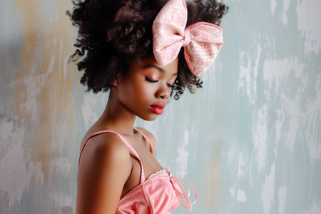 Gorgeous African American woman portrait wearing big pink bow on head posing in studio shot. Coquette style outfitの素材