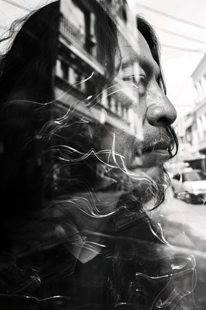 Black and white double exposure Latino mature man street photography. Vertical imageの素材