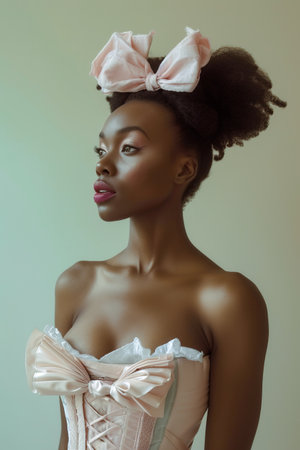Beautiful African American woman wearing vintage feminine coquette outfit. Posing in profile. Vertical imageの素材