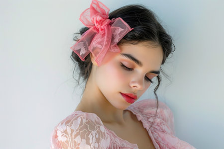 Headshot portrait of brunette woman wearing coquette trend outfit with lace dress and pink bow on headの素材
