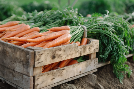 Close up image of harvest bin full of organic carrots in orchardの素材