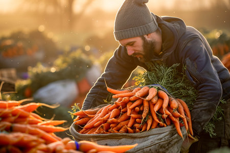 Farmer worker carrying and moving a harvest bag full of carrotsの素材