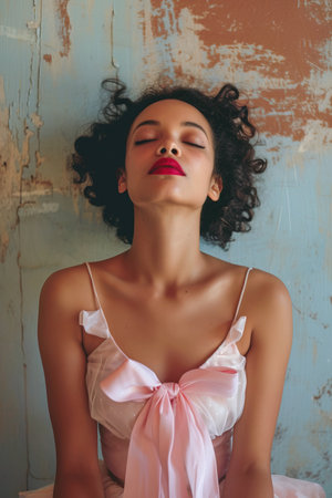 Afro hair young woman with pink coquette outfit. Vertical imageの素材