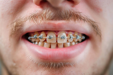 Frontal view of a man mouth with braces. Close up imageの素材