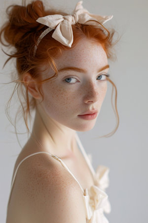 Young redheaded woman with freckles with ballerina dress with bow. Coquette style, vertical imageの素材