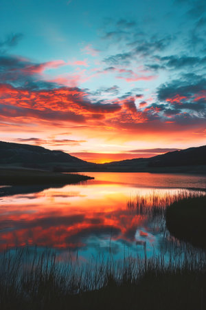 Epic sunset landscape in lake surrounded by hills and cloudy sky. Vertical imageの素材