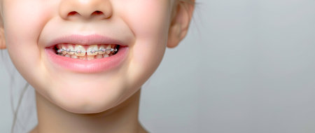 Cropped image frontal view of a little child mouth with braces with copy spaceの素材