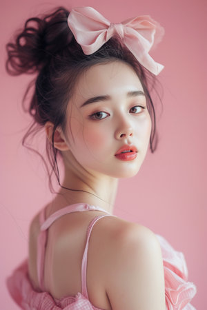 Gorgeous young Asian woman with coquette style over pink background. Vertical imageの素材