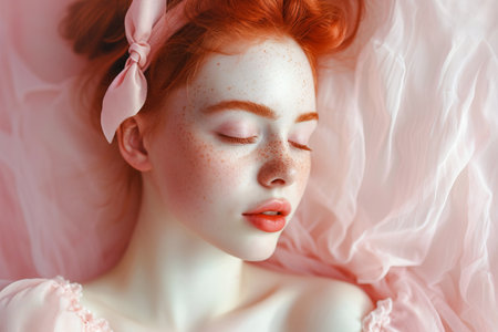 Cute young red hair woman with freckles in gauze dress posing with eyes closed. Coquette trend fashion styleの素材