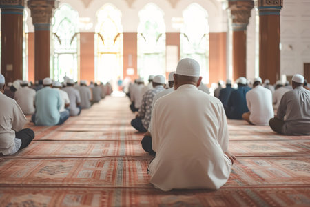Back view of Muslim men praying sitting on the floor inside a mosque. Ramadan conceptの素材