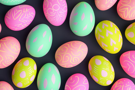 Neon colors decorated Easter eggs on a dark background patternの素材