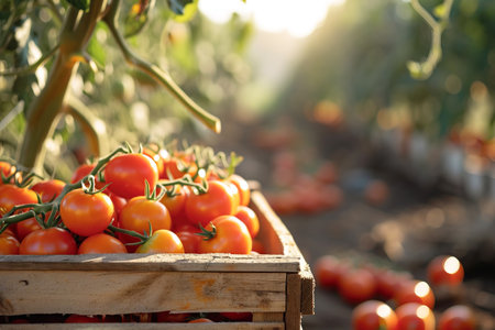 Tomato harvesting season on wooden bin with orchard view in the backgroundの素材