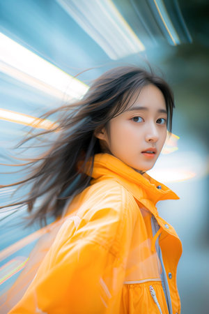 Long exposure casual portrait of young Asian woman wearing yellow raincoat. Vertical imageの素材