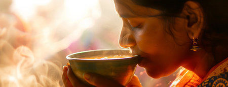 Indian woman drinks hot soup. Close up imageの素材