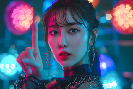 Young Asian woman portrait in k-pop outfit points up with index finger during recording of music video clipの素材