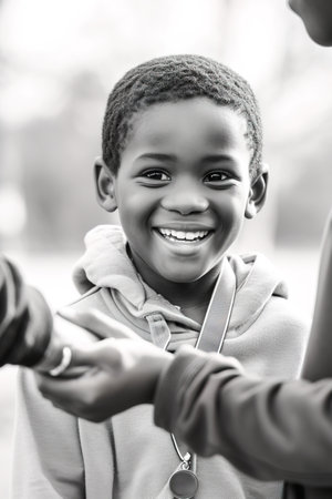 Black and white African American school boy receiving a sports medal in tournamentの素材