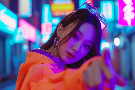 Young Korean woman with stylish urban outfit pointing at camera, outdoor city lights as backgroundの素材