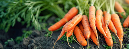 Fresh carrots after harvesting lying over fertile dark soil. Close up banner imageの素材