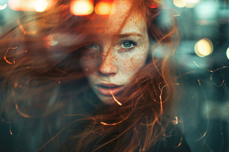 Gorgeous red hair young woman causal street portrait with double exposure and motion blur effectの素材