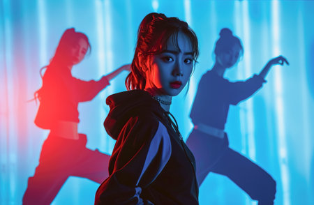 Korean female K-pop group shot during recording music video clipの素材