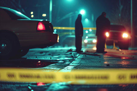 Crime scene with detectives walking around at night with yellow caution tape surrounding the areaの素材