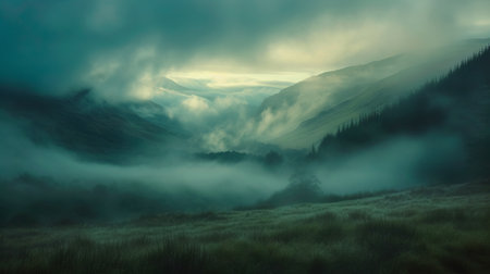 Misty landscape valley with thin fog at dawn with epic hills and mountain viewの素材