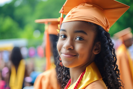 Teenage African American girl at her graduation. Casual portrait in outdoorsの素材
