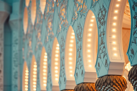 Close up details of beautiful white mosque building in the interiorの素材