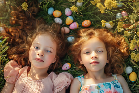 Top view of adorable Caucasian girls lying in the grass surrounded by Easter eggs for huntの素材