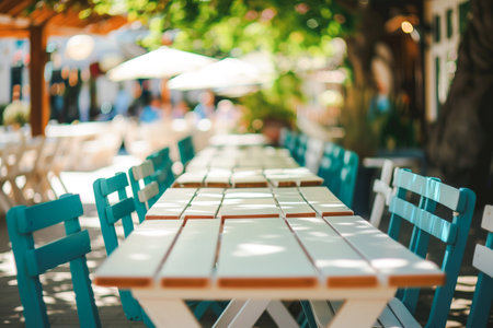 Outdoor communal table close up image empty. Selective focusの素材