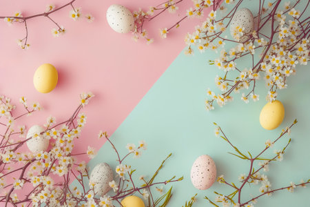 Pastel Easter colors layout banner with copy space in the middle for text or advertisementの素材