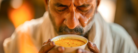 Close up image of mature Indian man drinking harira soup to break his fastの素材