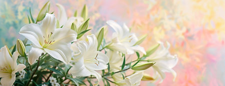 Close up banner with bouquet of white flowers lilies with copy space for textの素材