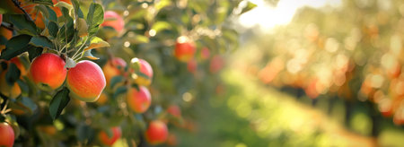 Unfocused background of red apple trees on a farm orchard with copy space for text or advertisementの素材
