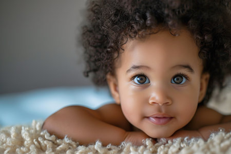 Adorable African American baby portrait headshot posing over winter blanket and looking at cameraの素材
