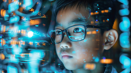 Young Asian boy looking at hologram screen image in data center. Future concept technologyの素材