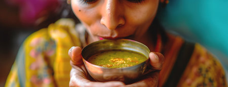 Cropped image of Indian woman drinking harira soup to break her fastの素材