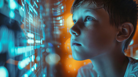 Close up image of Caucasian little boy in front of screens of technological data centerの素材