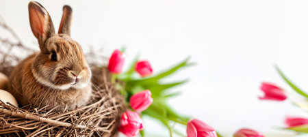 Cute Easter bunny Close up image over white studio background with copy spaceの素材