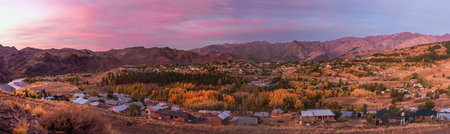 Panoramic view of epic sunset at Andacollo in autumn season. Neuquen, Argentinaの写真素材
