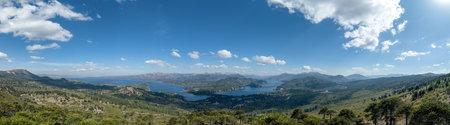 Stunning Panoramic view of Mirador de las Antenas in Villa Pehuenia with lake Alumine and green hills. Neuquen, Argentinaの写真素材