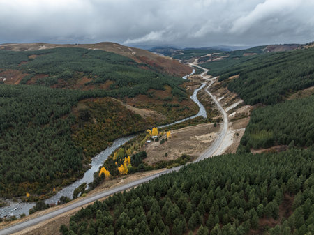 Aerial view of Litran river and road traverse a landscape of evergreen and autumn-colored trees under a cloudy stormy sky. Neuquen, Ptagonia Argentinaの写真素材