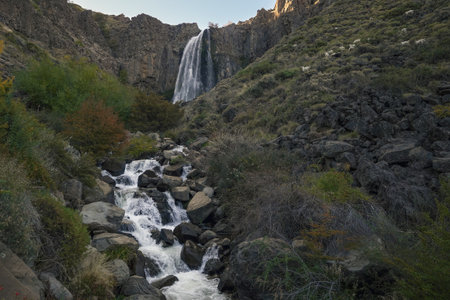 La Fragua waterfall low angle view falling from rocky cliff, some goats eating grass around. Tourist destination in Manzano Amargo, Neuquen, Argentinaの写真素材