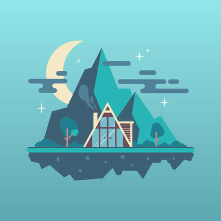 Mountain village landscape island with flat design styleのイラスト素材