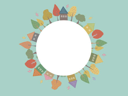 Circle frame of houses, trees and birdsのイラスト素材