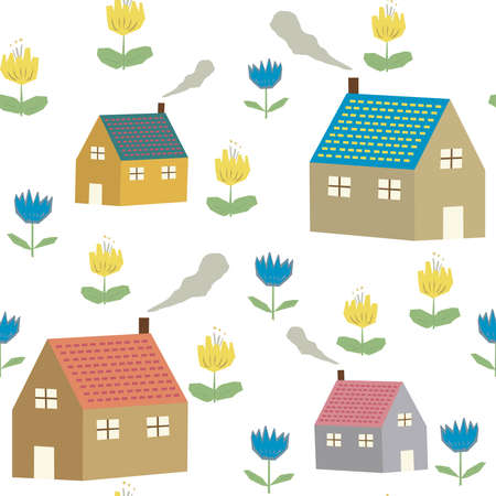 Houses and flowers, seamless patternのイラスト素材
