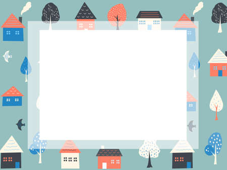 Frame of houses, trees and birdsのイラスト素材