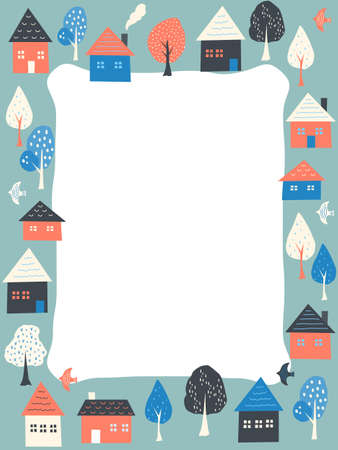 Frame of houses, trees and birdsのイラスト素材